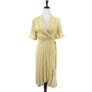 Ganni Crepe Yellow Daisy Floral Midi Wrap Dress 40 V Neck Viscose Tie Waist